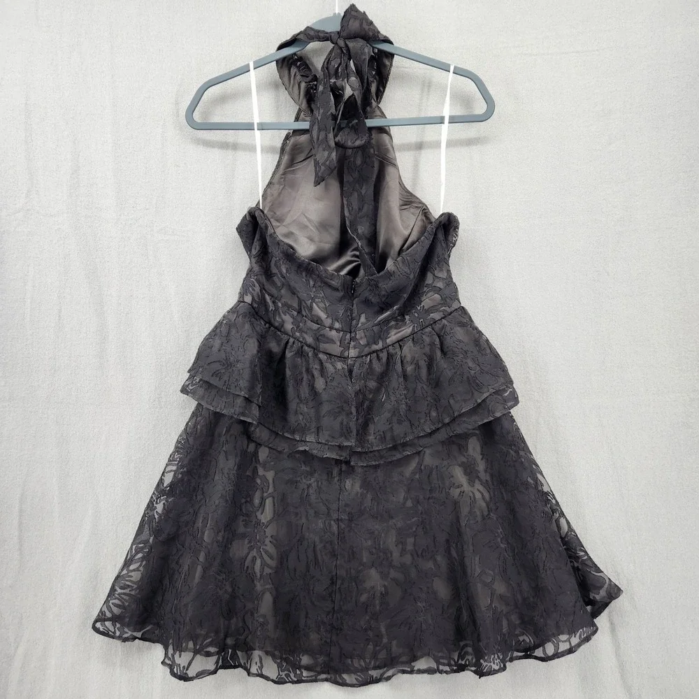 Lulus Black Floral Burnout Lace Halter Mini Dress Tiered‎ Peplum Size L Cocktail - Picture 2 of 6